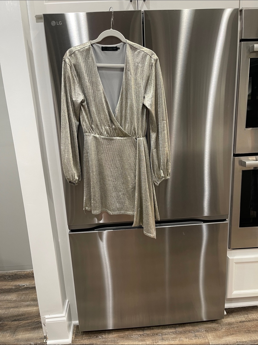 House of Harlow 1960 Gold Long-Sleeve Metallic Wrap Mini Dress